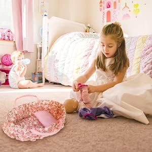 Doll Carry Cot Set, Sweet Dreams Soft Bassinet Doll Carrier Includes 1 Cot and 1 Pillow, Pink Flower Doll Bassinet, Fits for 16 Inch 18 Inch American Girl Dolls