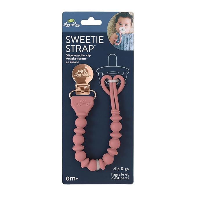 Itzy Ritzy Silicone Pacifier Clip; 100% Food Grade Silicone Pacifier Strap with Clip Keeps Pacifiers, Teethers & Small Toys in Place; Features One-Piece Design & Cord (Rosewood)