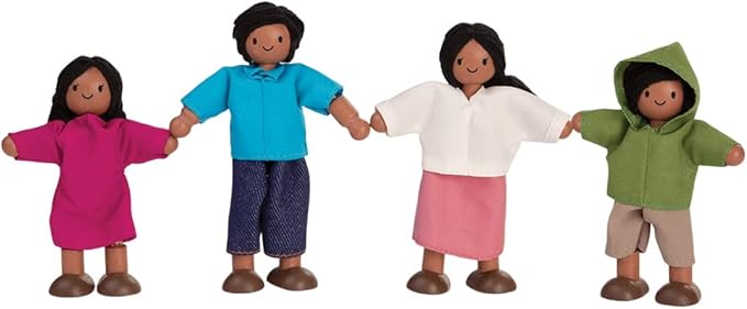 PlanToys® Wooden Dollhouse Family Set – Medium Skin Tone | Father, Mother, Son & Daughter Poseable Figurines | 1:12 Scale Wooden Dollhouse Accessories for Pretend Play
