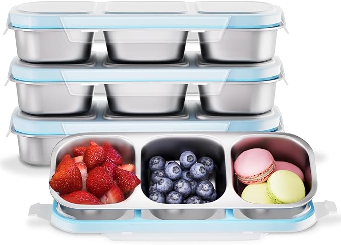 Stainless Steel Snack Containers for Kids Adults, 4 Pack 3 Compartment Metal Snack Containers Box with Lid, Reusable Food Storage Container, Leak Proof, Grab and Go, Blue