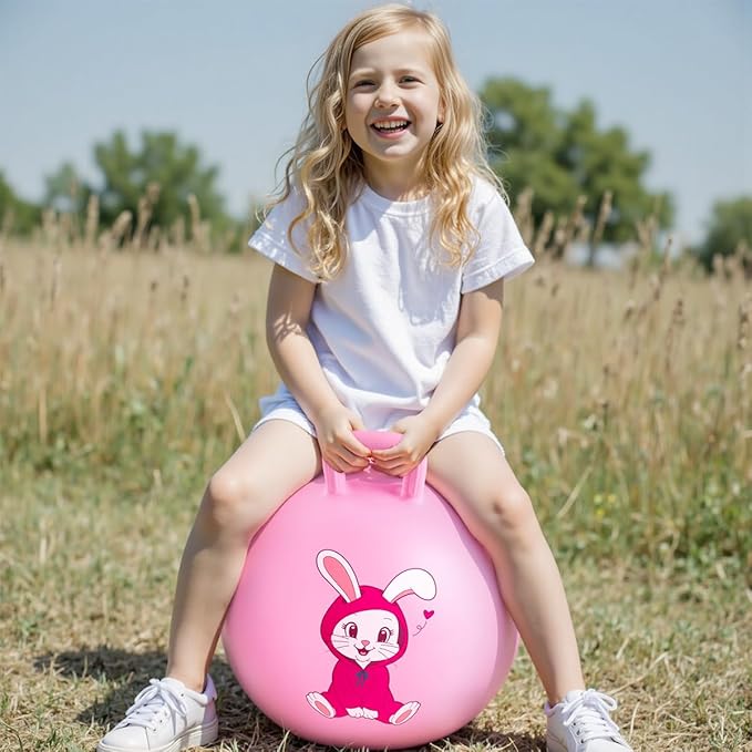 PlayZap Hopper Balls for Kids 3-8, 18 Inches Bouncy Ball with Handle, 18" Inflatable Bouncing Hopper, Pink Rabbit Jumping Toys, Garden Hopping Toys Girls Boys Gifts
