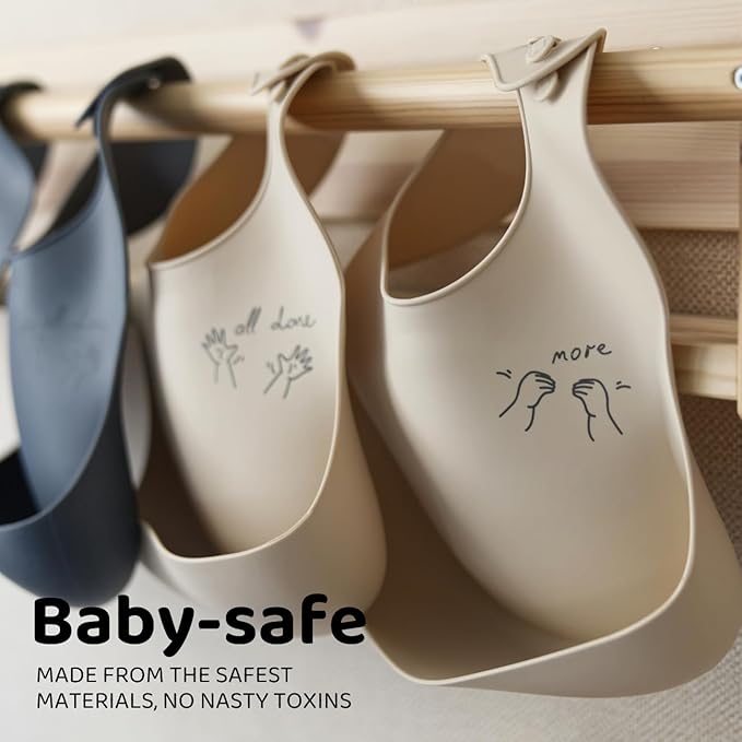 Baby Sign Language Silicone Bib Bundle, More & All Done, Oat Cream