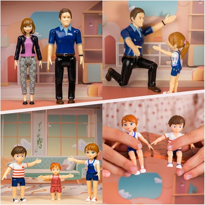 TOMLEON Family Dollhouse People - Doll House People Figures - 5 Poseable Action Figures Incl. Mom, Dad, Sister, Brother, Toddler - Small Dolls for Dollhouse - Dollhouse Dolls (Family)