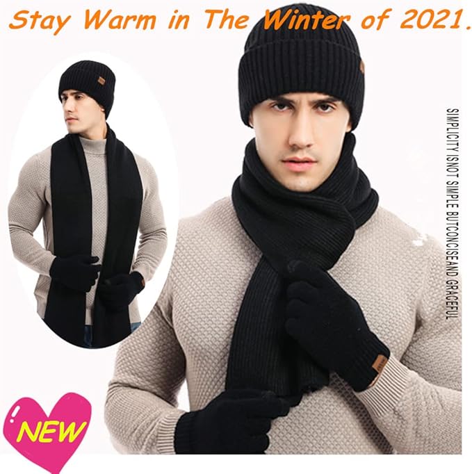 Mens Winter Hat Scarf Glove set for Men 3 Pcs Touchscreen Anti Slip Gloves Knit Stretchy Beanie Hats and long Scarfs Set