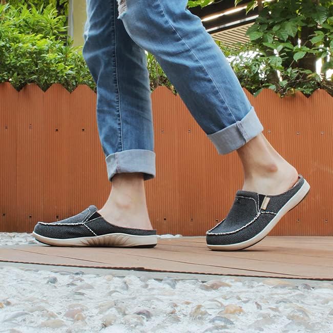 Mens Slippers with Arch Support, Canvas House Slipper for Men with Velvet Lining, Slip On Clog, Indoor Outdoor House Shoes with Anti-Skid Rubber Sole