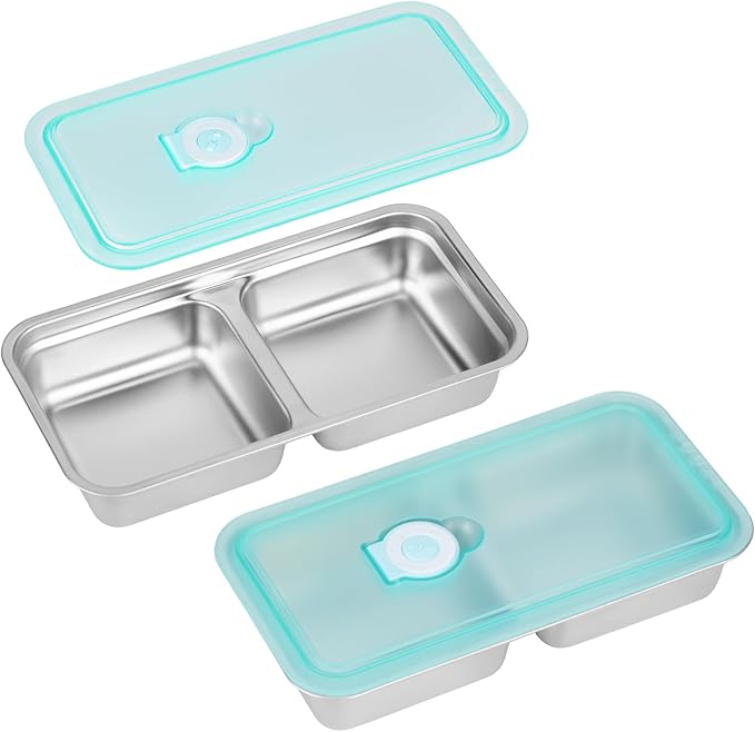 Reusable Snack Containers with Lids, Stainless Steel Snack Containers, Double Compartment Condiment Bowls, Meal Prep Lunch Box, Takeout, Travel and Camping Food Storage (2PCS)