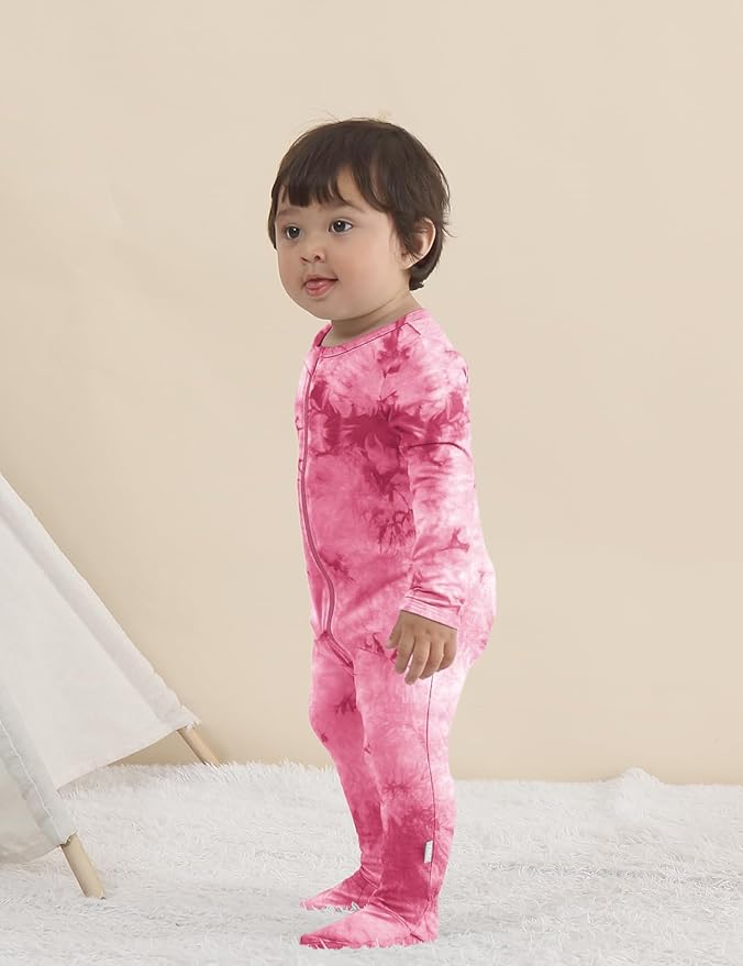 Jimonda Baby Girls Boys Footed Pajamas,Rayon From Bamboo,2 Way Zipper Long Sleeve Soft Sleeper Pjs,Infant Tie-dye Romper