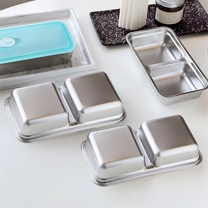 Antenat Reusable Stainless Steel Snack Containers with Lids (2PCS) –Double Compartment, Leak-Proof Food Containers with 1 Forks, Portable for Travel, Camping, Office Lunch, Takeout, Picnic & Dessert