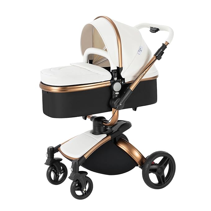 PU Leather 2 in 1 Baby Stroller with 360° Rotatable Seat, Convertible Reversible Standard Baby Pram Portable Pushchair Infant Carriage Foldable High Landscape Pram for Toddler Newborn (HR001-White)