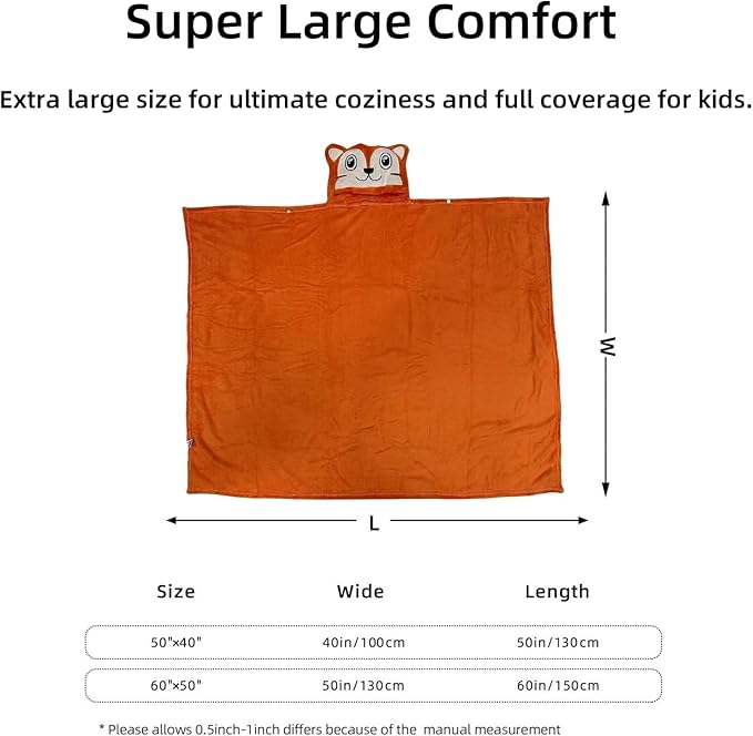 Wearable Blanket Hoodie for Kids Toddlers Hooded Towels Soft Cozy Flannel Wearable Throw Blanket Hoodie for Boys Girls Birthday Gifts (Fox 60 * 50)