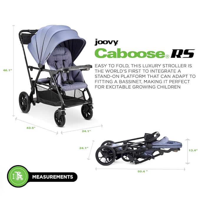 Joovy Caboose RS Sit & Stand Double Stroller for Children Up to 55 lb. with All-Terrain Wheels, UPF50+ Sun Canopy & Magnetic 5-Point Safety Harnesses, Slate