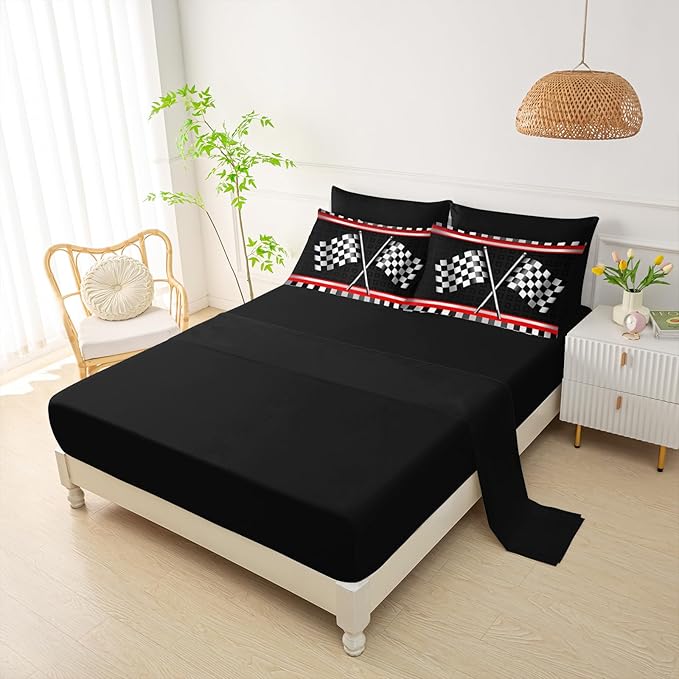 QOOMO Race Car 7 Pieces Comforter Set Twin Size,Racing Bedding Set for Kids Teens Boys-Include 1 Comforter,1 Fitted Sheet,1 Flat Sheet,2 Printing Pillowcases and 2 Black Pillowcases