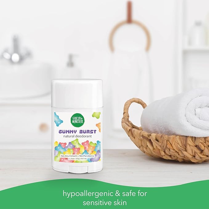 Fresh Monster Natural Deodorant for Kids & Teens I Mom's Choice Gold Award Winner | Aluminum-Free, Paraben-Free, Hypoallergenic I 24-Hour Protection I Gummy Burst Scent I 1.76 oz (3) (Pack of 4)