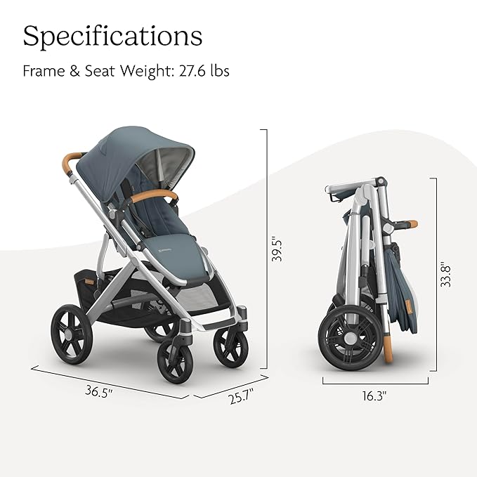 UPPAbaby Vista V3 Stroller - Full-Size Single-to-Double Stroller System - Toddler Seat, Bug Shield, Rain Shield, and Storage Bag Included - Callum (Stone Blue/Silver Frame/Sand Leather)