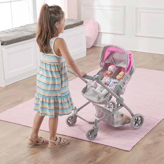 Badger Basket Voyage Twin Carriage Doll Stroller for 18 to 20-Inch Dolls with Rotating Pram Handle and Storage Features – Perfect for Little Mommies on The Go!