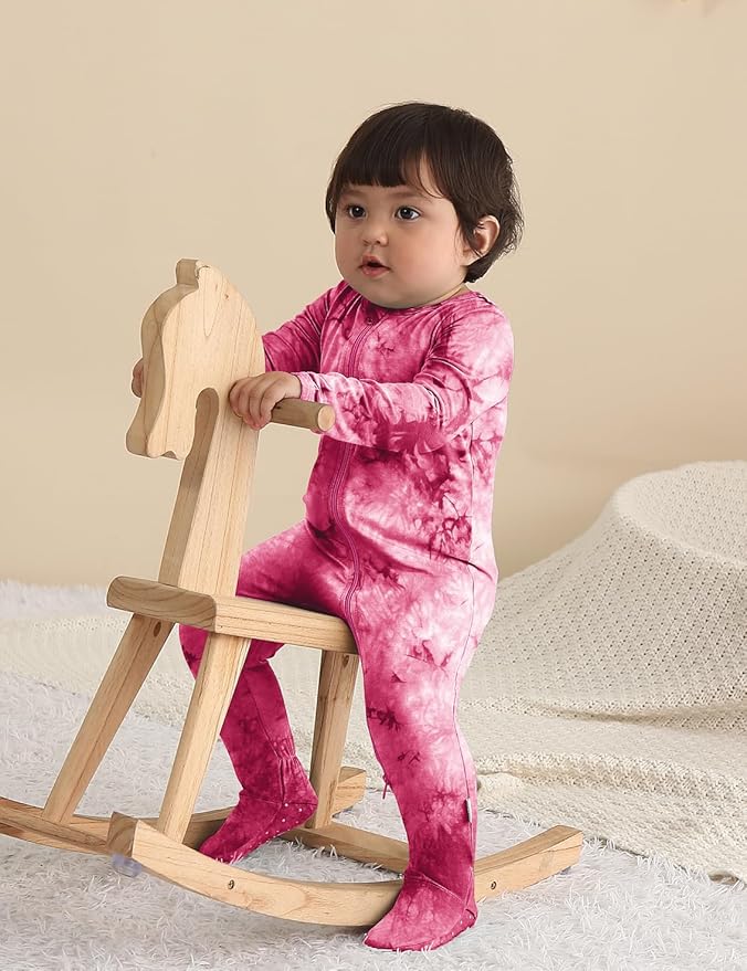 Jimonda Baby Girls Boys Footed Pajamas,Rayon From Bamboo,2 Way Zipper Long Sleeve Soft Sleeper Pjs,Infant Tie-dye Romper
