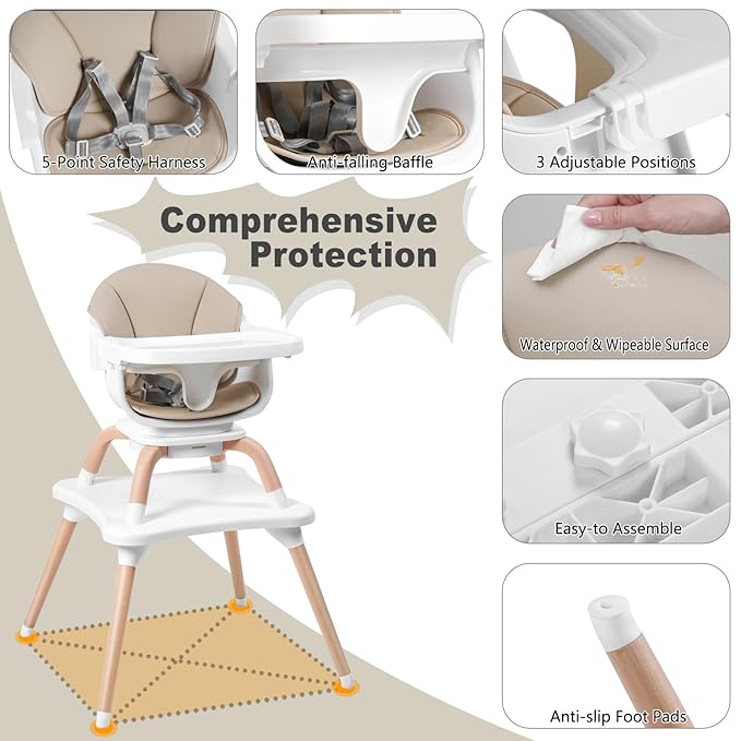 Baby High Chair, 7 in 1 Convertible High Chairs for Babies and Toddlers, Kids Learning Table, Building Block Table, Toddler Dining Chair with 360° Rotating Seat, 5-Point Safety Harness (Khaki)