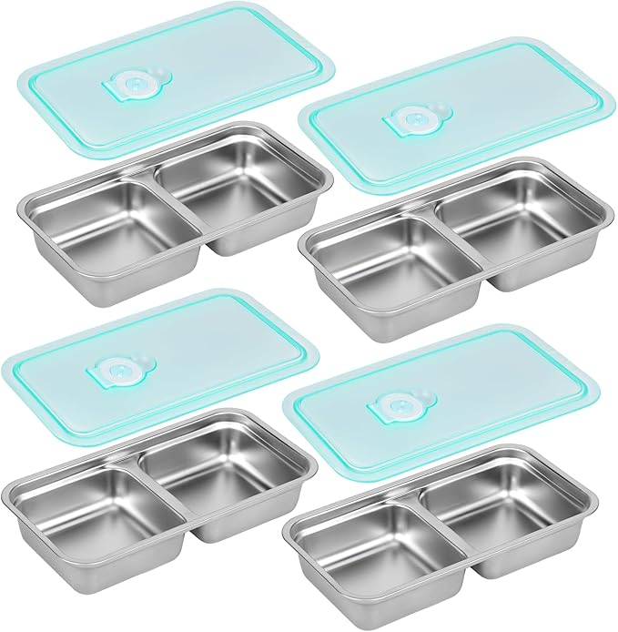Reusable Snack Containers with Lids, Stainless Steel Snack Containers, Double Compartment Condiment Bowls, Meal Prep Lunch Box, Takeout, Travel and Camping Food Storage (4PCS)