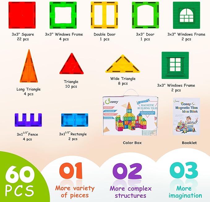 cossy 60 Pcs Magnet Tiles Magnetic 3D Building Blocks Set Educational Construction Toys for 3+ Year Kids with Stronger Magnets, Rivets-Fastened, Educational,Recreational, Conventional