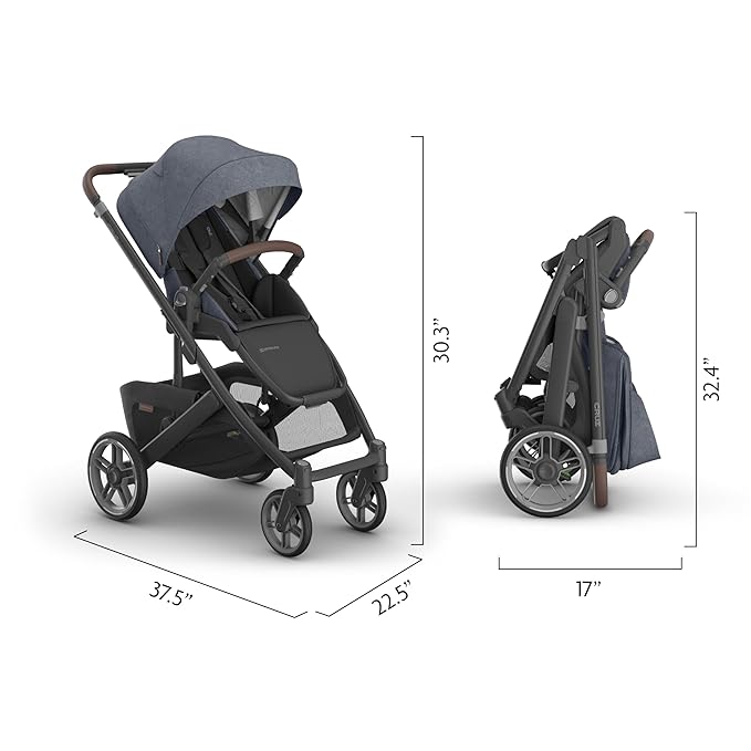 UPPAbaby Cruz V3 Stroller - from Birth + Car Seat Compatible - Full-Size, Reversible Seat - Infant Insert, Bug and Rain Shields Included - Julian (Dusty Blue Mélange/Carbon Frame/Chestnut Leather)