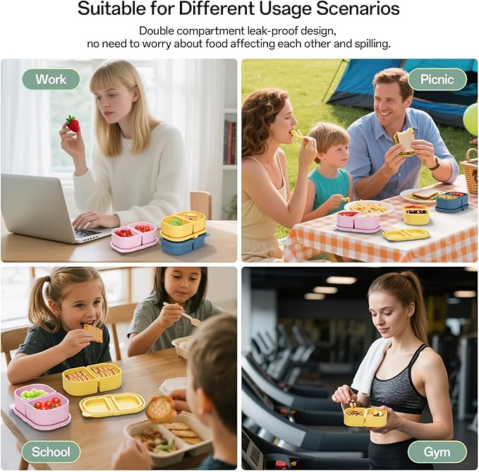 3 Pack Silicone Snack Containers with Lids – Reusable Double Compartment Snack Box, 8oz Mini Food Storage Containers for Sauce, Dip, Salad – Portable, Dishwasher & Microwave Safe