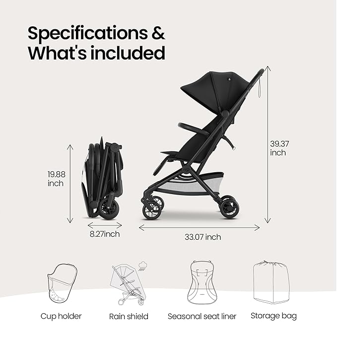 Mompush Velo Lightweight Travel Stroller, Compact & Airplane-Friendly for Baby and Toddler, Lie-Flat Seat, One-Hand Fold, with Leather Bumper Bar, Shoulder Strap, Raincover, Storage Bag & Cup Holder