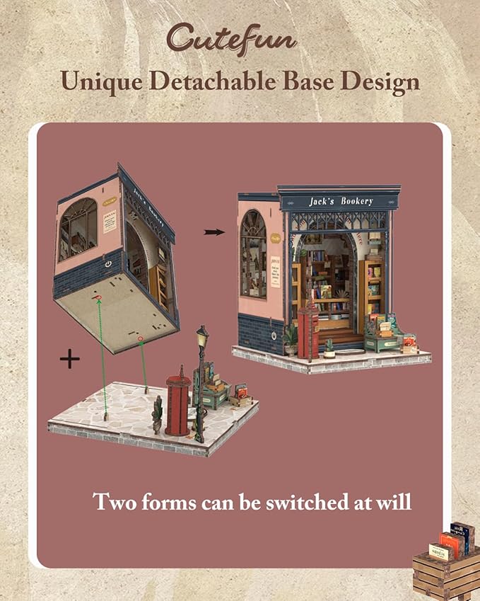 Cutefun Book Nook Kit, DIY Miniature Dollhouse Library Kit for Adults and Teens, Tiny House Building Bookshelf Insert Decor with LED Light, Gifts for Family and Friends (Jack's Bookery)