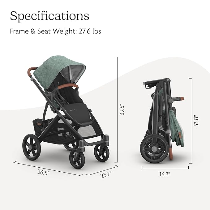 UPPAbaby Vista V3 Stroller - Full-Size Single-to-Double Stroller System - Toddler Seat, Bug Shield, Rain Shield, and Storage Bag Included - Gwen (Green Mélange/Carbon Frame/Saddle Leather)