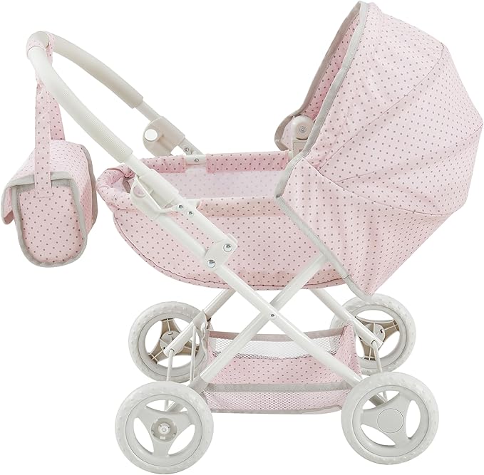 Olivia's Little World Polka Dot Princess Baby Doll Pram Stroller with Retractable Canopy & Storage, Pink