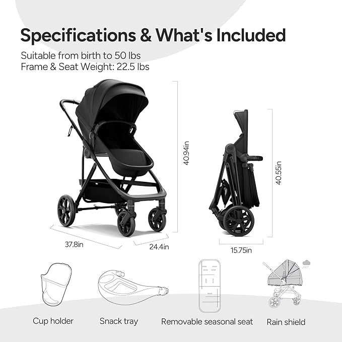Mompush Wiz Pro 4-in-1 Baby Stroller with Newborn Mode, Full-Size All-Terrain Premium Stroller from Newborn to Toddler, Snack Tray Included for Easy Feeding & Outing, Lay-Flat in Seconds