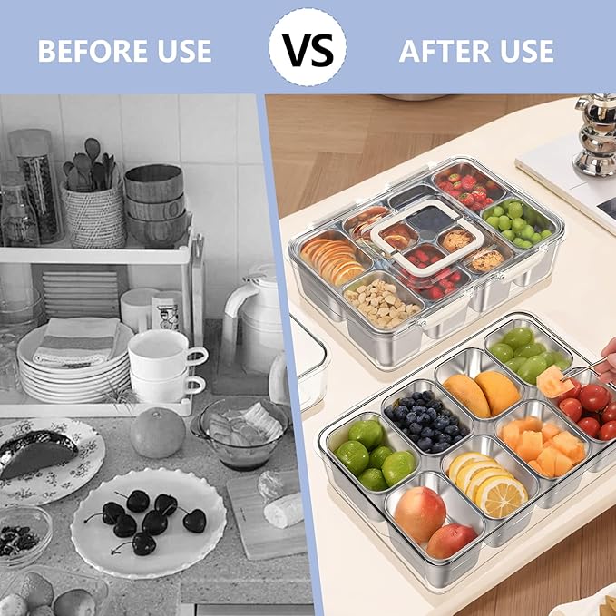 Snackle Box Container with 8 Removable Stainless Steel Containers – Clear Divided Serving Snack Tray with Lid & Handle – Leak-Proof for Wet/Dry Food – Perfect for Parties, Travel, Office