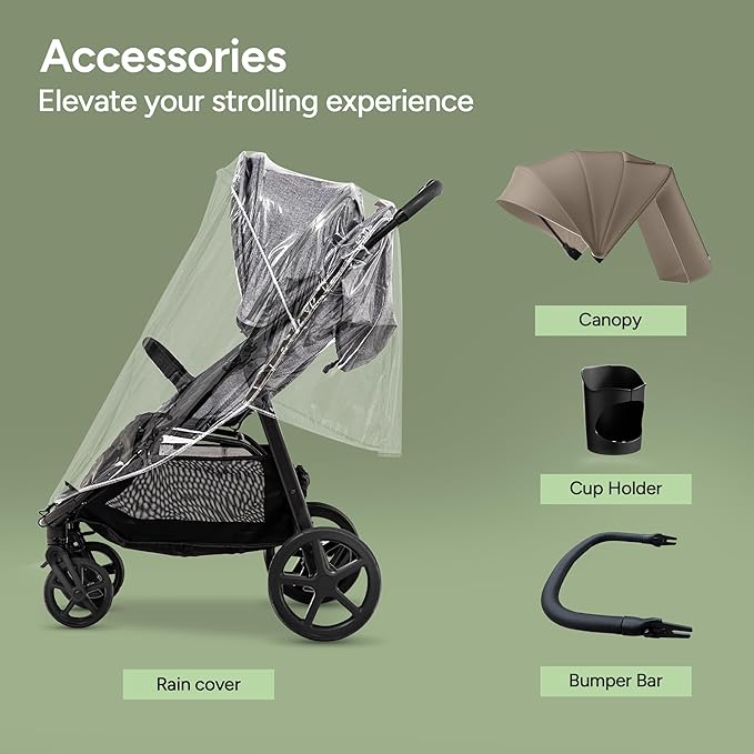 Mompush Nova Baby Stroller for Toddler, Infant & Newborn | Spacious Seat & Lie-Flat Mode | Compact One-Hand Fold, UPF 50+ Canopy & All-Wheel Suspension | Includes Rain Cover & Cup Holder, Khaki