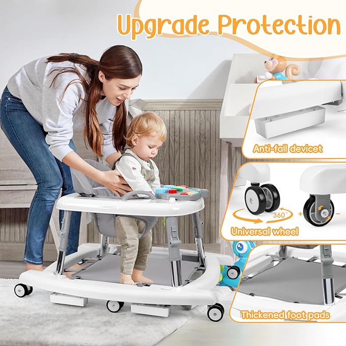 5-in-1 Music and Lights Baby Walker Foldable with 5 Adjustable Heights, Baby Walker with Wheels and Bouncer Combo Portable, Infant Toddler Walker for Baby Boy Girls 6-18 Months