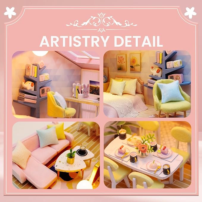 DIY Miniature Dollhouse Kit, AngKng Lovely Tiny House Kit with Furniture and LED Light, Wooden Mini House Making Kit for Adults & Children, Home Decor Creative Gift for Family/Friends-Pink