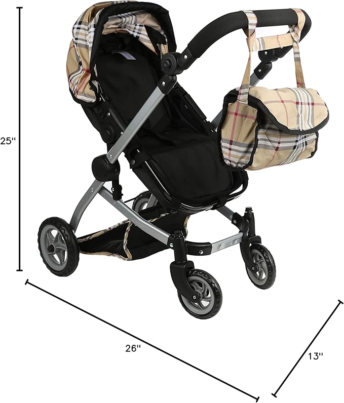 Mommy & Me Babyboo Doll Pram Foldable Doll Stroller with Basket, Convertible Seat, Adjustable Handle, Swiveling Wheels, and Free Carriage Bag - Beige Plaid