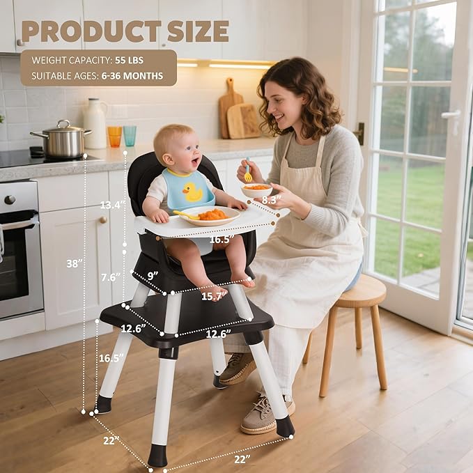 Baby High Chair, 8 in 1 Convertible Highchairs for Babies and Toddlers, Children Dining Booster Seat/Kids Building Block Table for Girls Boys, Baby Seat with Removable Tray, Black