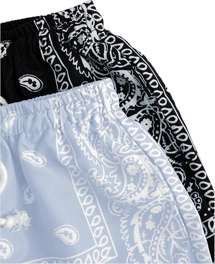Floerns Boy's 2 Pcs Bandana Shorts Boho Paisley Graphic Print Drawstring Waist Summer Beach Drip Shorts with Pockets