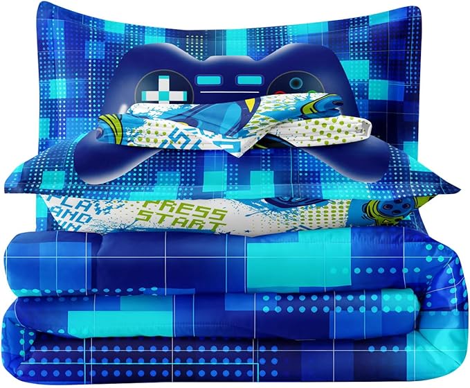 Twin Size Bed in A Bag 5 Pieces Gaming Bedding Set for Boys Blue Gamer Comforter with Sheet Set for Kids Teen Cool Video Game Quilt Bedding Set