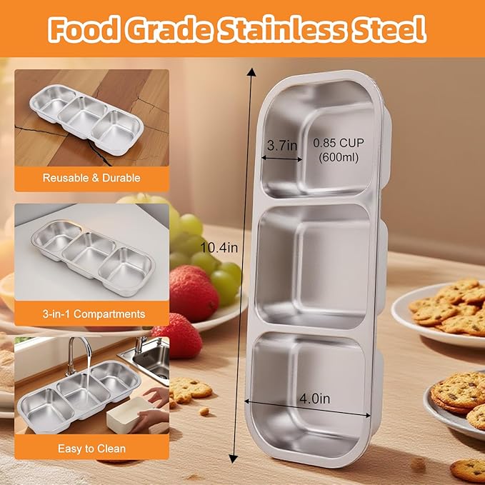Stainless Steel Snack Containers with Lids, Reusable Condiment Storage Box, Divided Food Storage for School, Home, Travel, Multiple Compartment Leak-Proof Box (2 Compartment 3PCS)