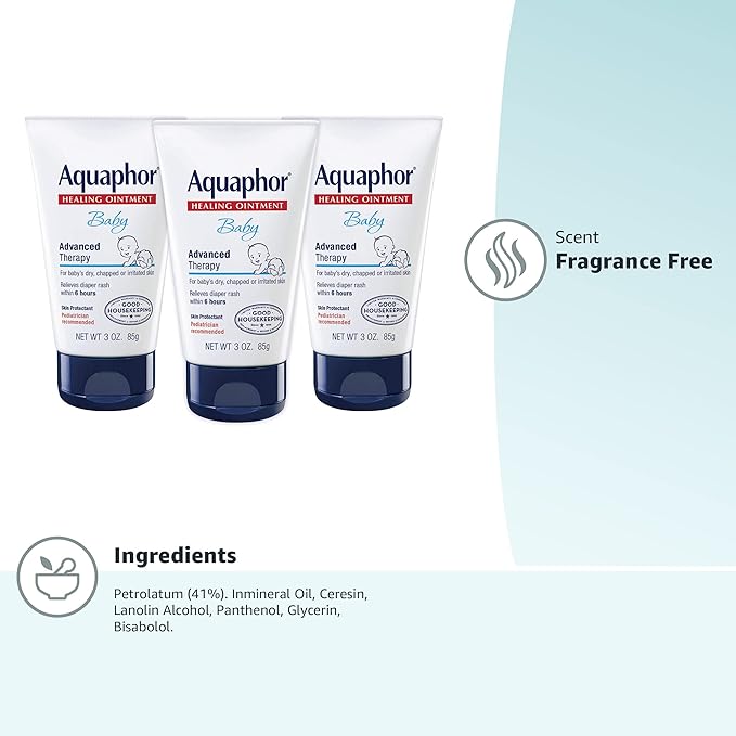 Aquaphor Baby Healing Ointment, Advanced Therapy for Chapped Cheeks and Diaper Rash, 3 Ounce (Pack of 3)