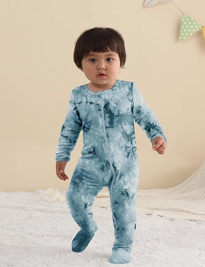 Jimonda Baby Girls Boys Footed Pajamas,Rayon From Bamboo,2 Way Zipper Long Sleeve Soft Sleeper Pjs,Infant Tie-dye Romper