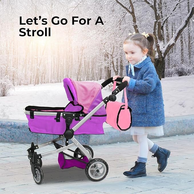 Mommy & Me Foldable Deluxe Toy Baby Doll Stroller with Swiveling Wheels, Adjustable Handle, Convertible Seat, Bassinet, and Diaper Bag