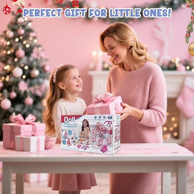 Baby Doll Stroller Toys Set with 12.5" Doll for 3-7, Foldable Stroller, Dining Chair, Accessories & 1 Outfits,Pretend Play Baby Doll Toys for Girls Ages 3-7