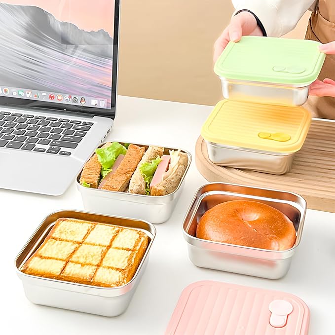 4 Pack Sandwich Containers, 20oz Stainless Steel Sandwich Box with Lids, Reusable Metal Meal Prep Lunch Boxes, BPA-Free, Dishwasher Safe, Food Storage Containers for Snacks & Fruits