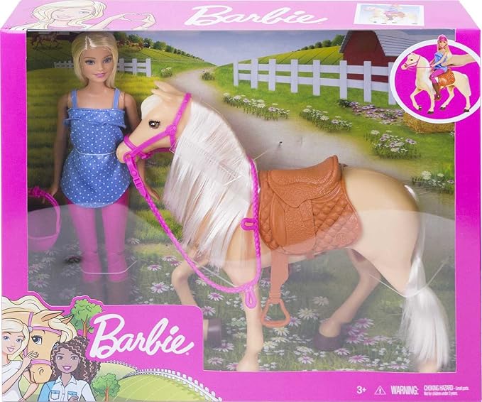 Barbie Playet with Blonde Fashion Doll in Riding Outfit & Light Brown Horse with Saddle, Bridle & Reins