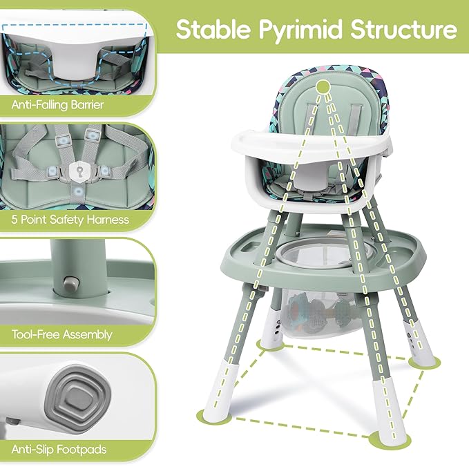 15 in 1 Convertiable High Chair for Babies and Toddlers, 2 in 1 Highchair & Activity Center w/Toys, Booster Seat, Toddler Chair w/5-Point Harness & Removable Tray & 2-Layer Cusion (Green)