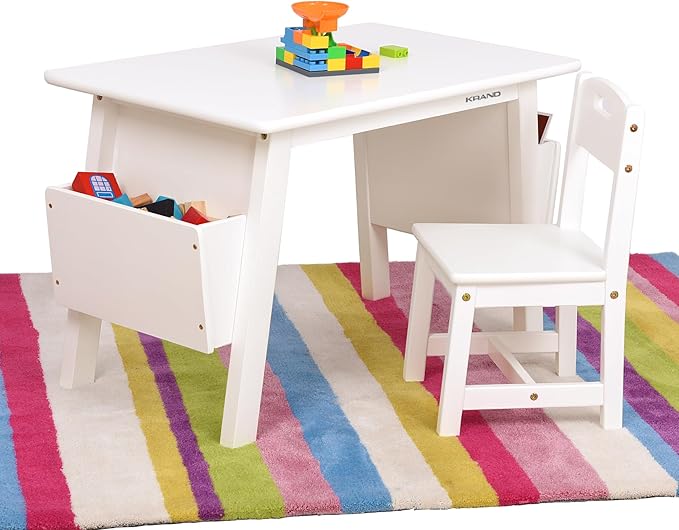 Kids Solid Wood Table and 2 Chair Set with Built-in Storage Cases Children's Storage Table and Chair Set for Toddlers Boys and Girls (Bianca White)