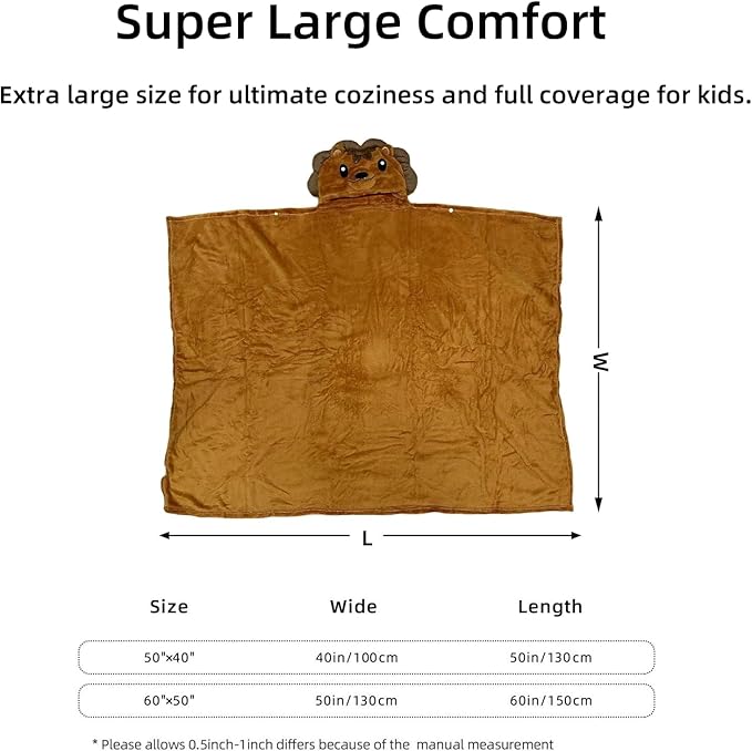 Wearable Blanket Hoodie for Kids Toddlers Hooded Towels Soft Cozy Flannel Wearable Throw Blanket Hoodie for Boys Girls Birthday Gifts (Lion 60 * 50)
