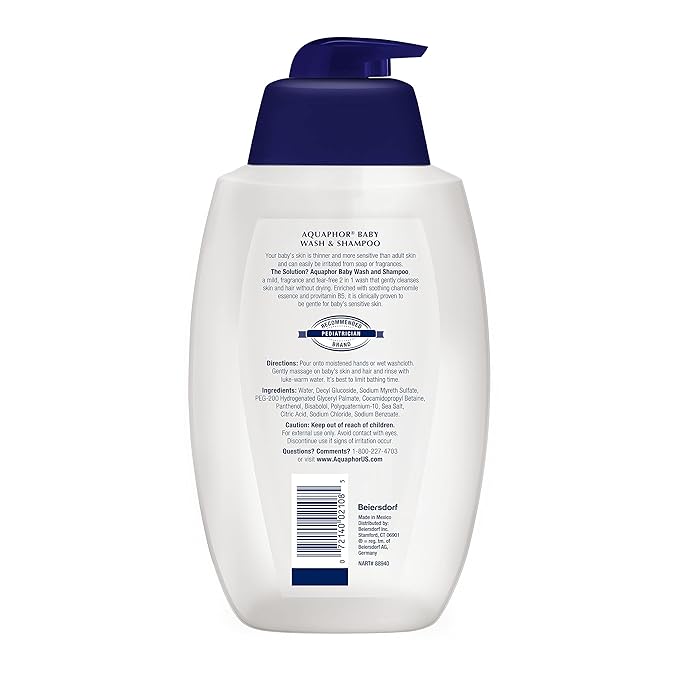 Aquaphor Baby Wash and Shampoo, Unscented Baby Shampoo and Wash, 25.4 Fl Oz Pump Bottle