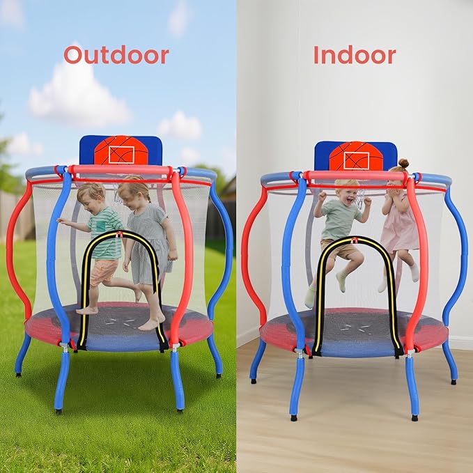 OLAKIDS 48’’ Trampoline for Kids, Outdoor Indoor Toddler Trampoline with Safety Enclosure Net Basketball Hoop Anti-Slip Foot Pads Zippered Door, Baby Recreational Trampolines Gift for Backyard